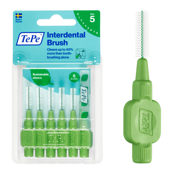 TePe Interdental Brush Original, Soft Dental Brush for Teeth Cleaning, Pack of 6, 0.8mm, Large Gaps, Green, Size 5