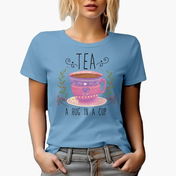 Tea, A Hug in a Cup Quote with Cute Hand Drawn Teacup or Cup of Tea Art Merch Gift, Baby Blue T-Shirt, Small