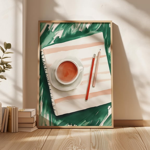 Tea And Sketchbook Art Print Cozy Desk Illustration Home Decor Office Wall Art Home Decor Office Wall Art