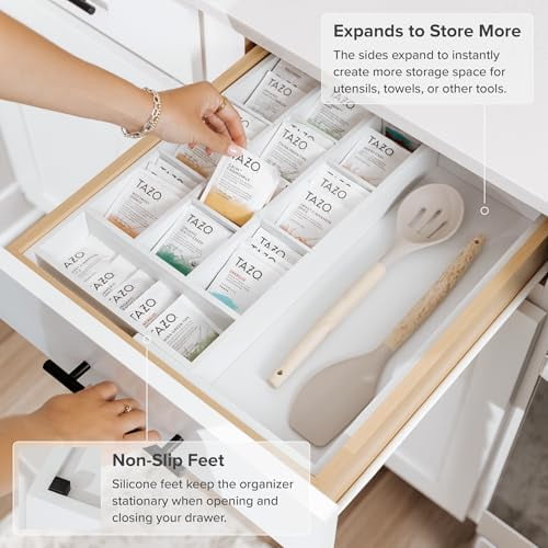 Tea Bag and Coffee Pod Kitchen Drawer Organizer, Expandable 9.7 to 17 Inches, 10 Storage Compartments, Adjustable Wall Inserts, Non-Slip Feet, Food-Safe White Finish, 100% Bamboo W