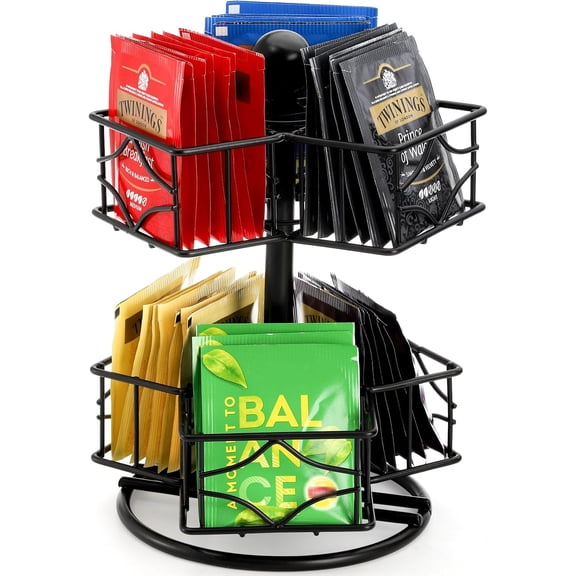 Tea Bag Organizer, 360 Degree Tea Bag Spining Carousel Organizer with 6 Compartments, Lazy Susan Sugar Coffee Creamer Caddy for Kitchen Counter Cabinet Organizer, Up to 60 Tea Bags Storage