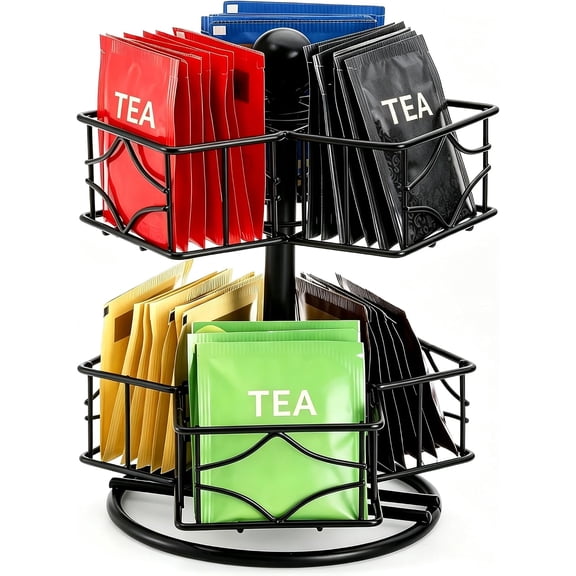 Tea Bag Organizer, 360 Degree Tea Bag Spining Carousel Organizer with 6 Compartments, Lazy Susan Sugar Coffee Creamer Caddy for Kitchen Counter Cabinet Organizer, Up to 60 Tea Bags Storage
