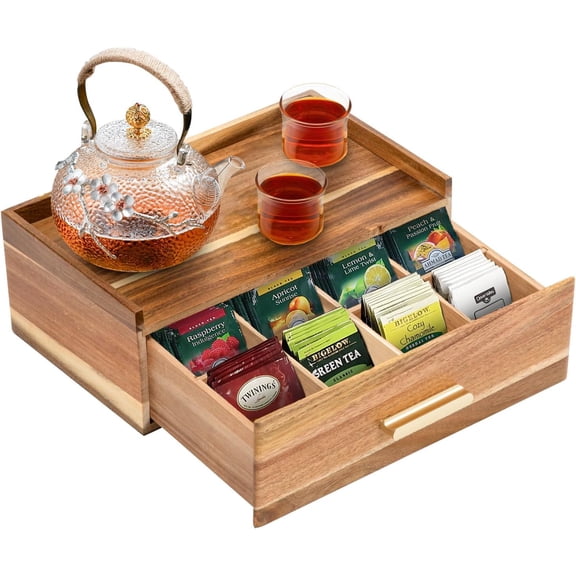 Tea Bag Organizer, Acacia Wood Tea Organizers and Storage Box, Tea Bag Holder Station Caddy Container for Countertop, Tea Accessories Gift Box with Drawer