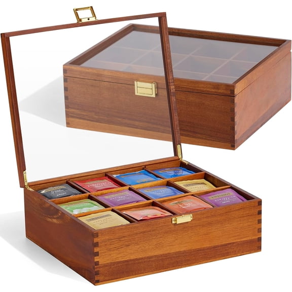 Tea Bag Organizer, Acacia Wood Tea Storage Box, 12 Compartments Tea Bags Storage Drawer with Clear Glass Window, Tea Bag Holder for Countertop Kitchen Cabinet Pantry - Keeps Tea Bags Fresh