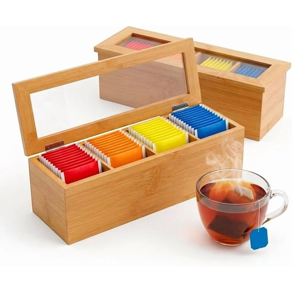 Tea Bag Organizer  Bamboo Tea Box Organizer with Acrylic Lid | Tea Storage Holder | Tea Caddy with 4 Compartments for Drawer, Kitchen Counter & Cabinet (11.8 x 3.5 x 3.5 in)