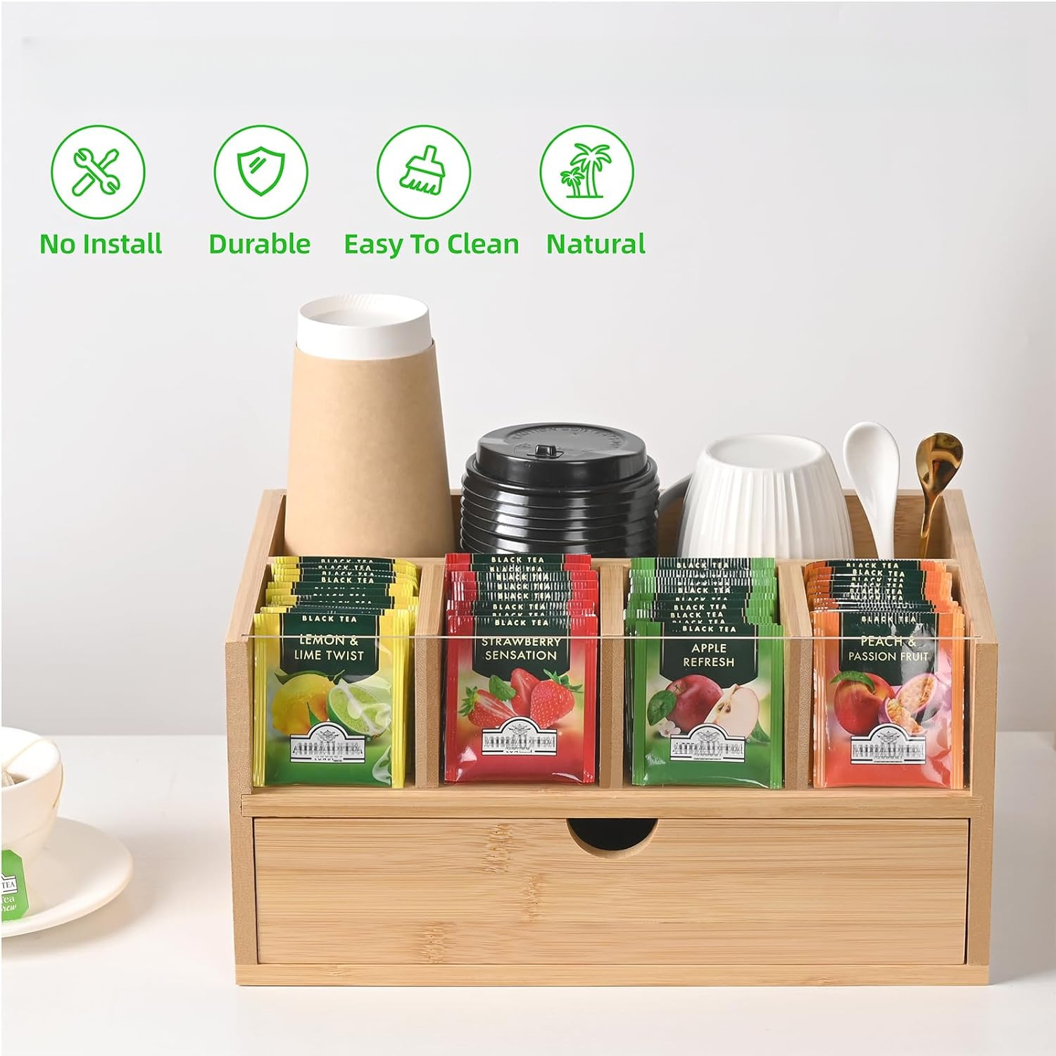 Tea Bag Organizer Box, Bamboo Tea Storage with Drawer, Portable Tea ...