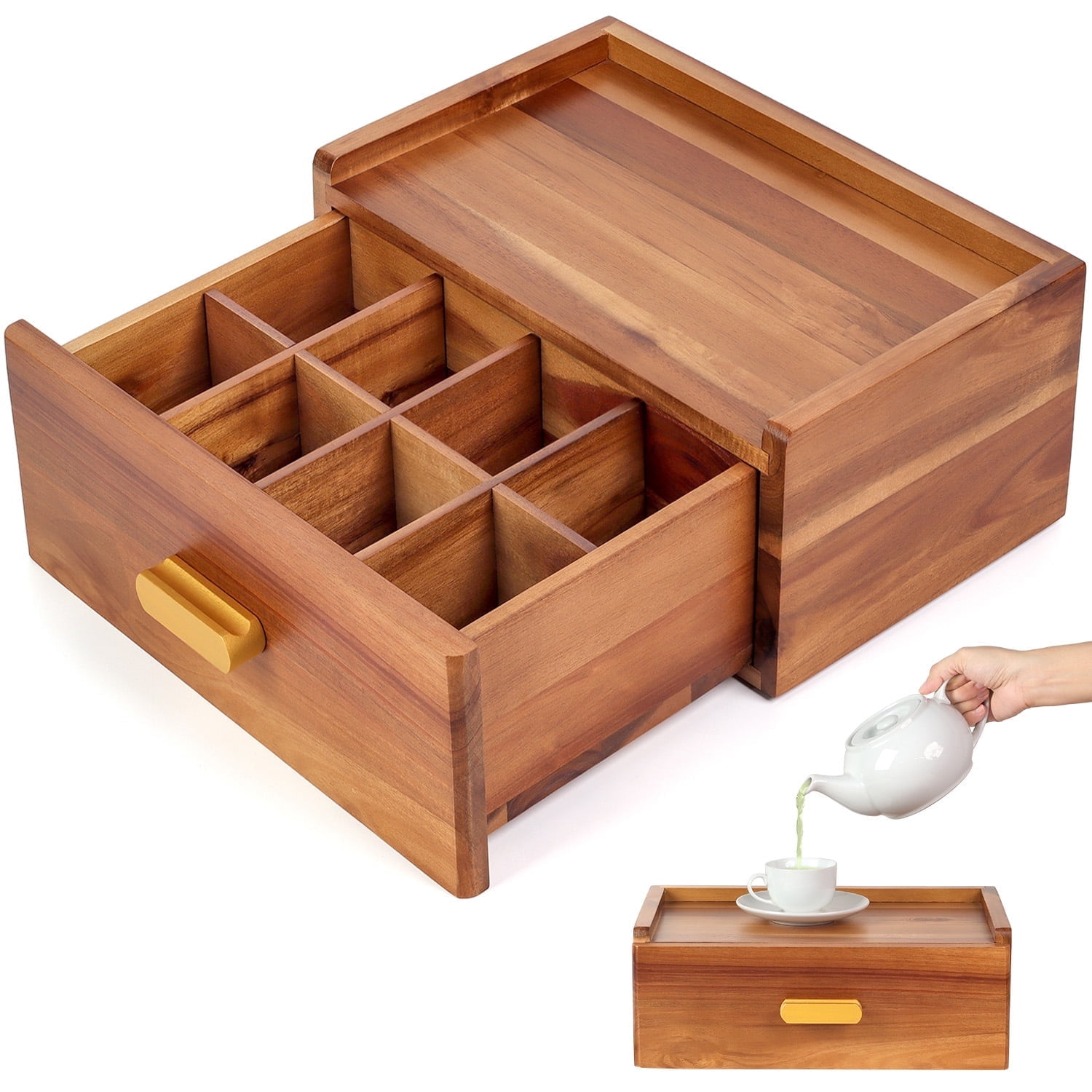 Tea Bag Organizer (Can hold 160 bags) Natural Acacia Wood Tea Organizer, Tea Bag Organizer for Drawer, Tea Box for Countertop, Tea Bag Box Combined with Teapot & Teacup Shelf, Tea Storage,Tea Station