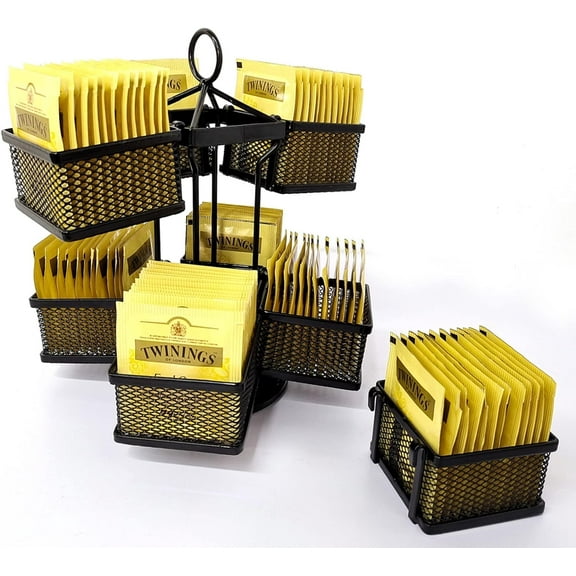 Tea Bag Organizer Coffee Holder Storage Spinning Carousel Basket Black Adjustable Tea Caddy For Kitchen Counter, Countertop, Cabinet