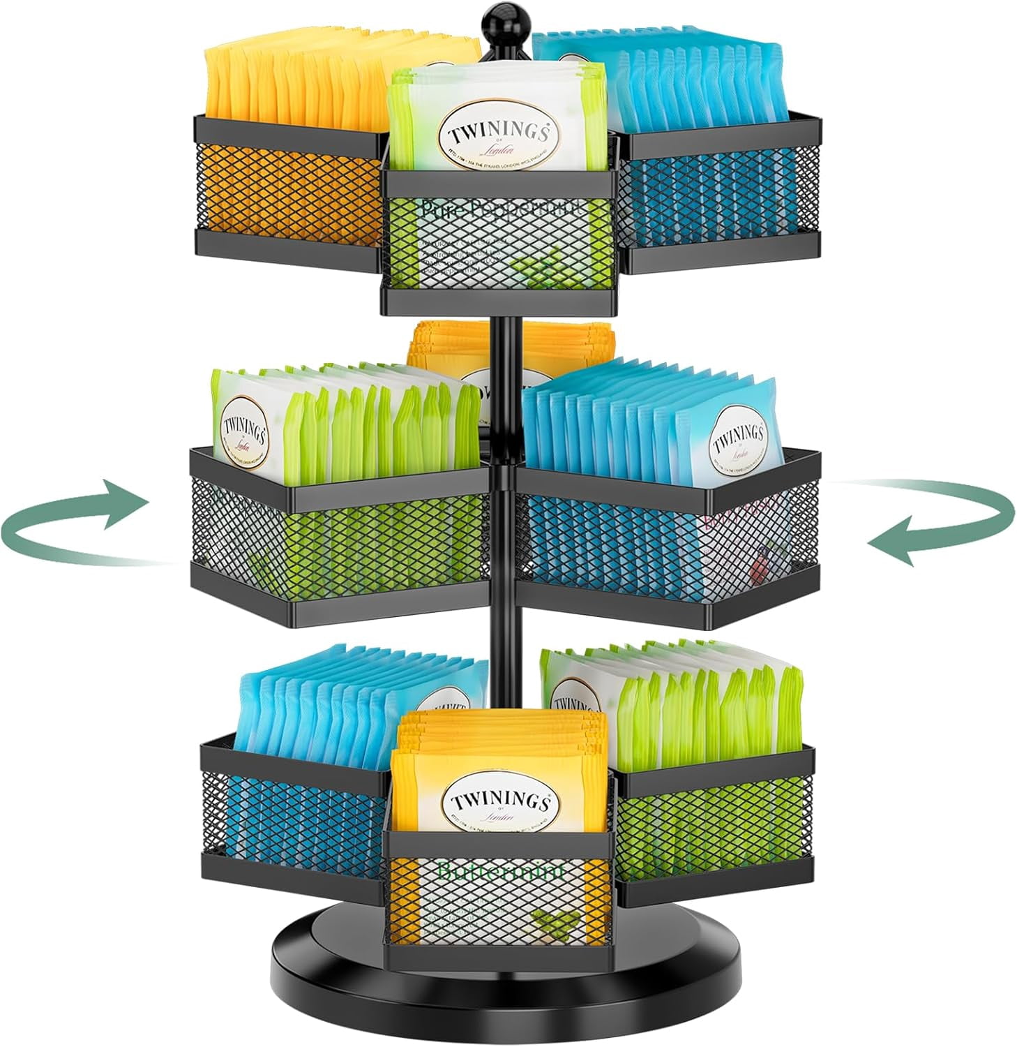 Tea Bag Organizer Rack for Countertop, Spinning Carousel 3-Tier Packet ...