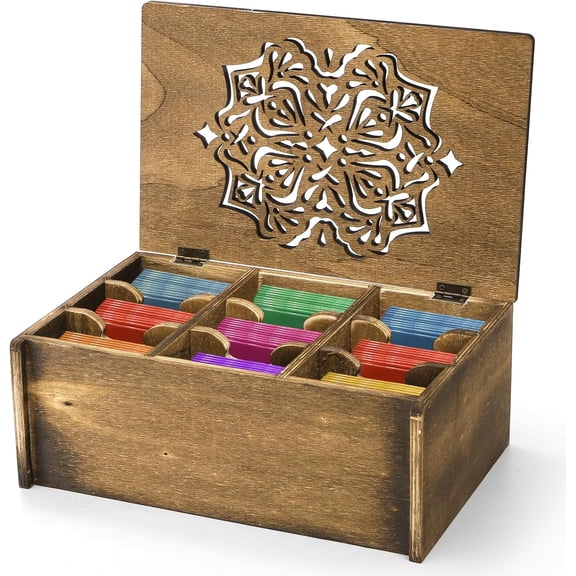 Tea Bag Organizer Storage Box, Wood Tea Holder Box, 9 Compartments Teas Chest Containers with Floral Carved Lid for Assorted Spice Packets, Home Decor, Multi-Functional Storage Boxes