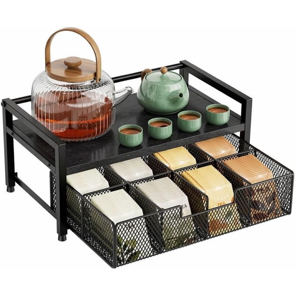 Tea Bag Organizer, Tea Bag Holder with Drawer, Wood and Metal Tea Organizers and Storage Chest for Countertop Kitchen, Office, Black