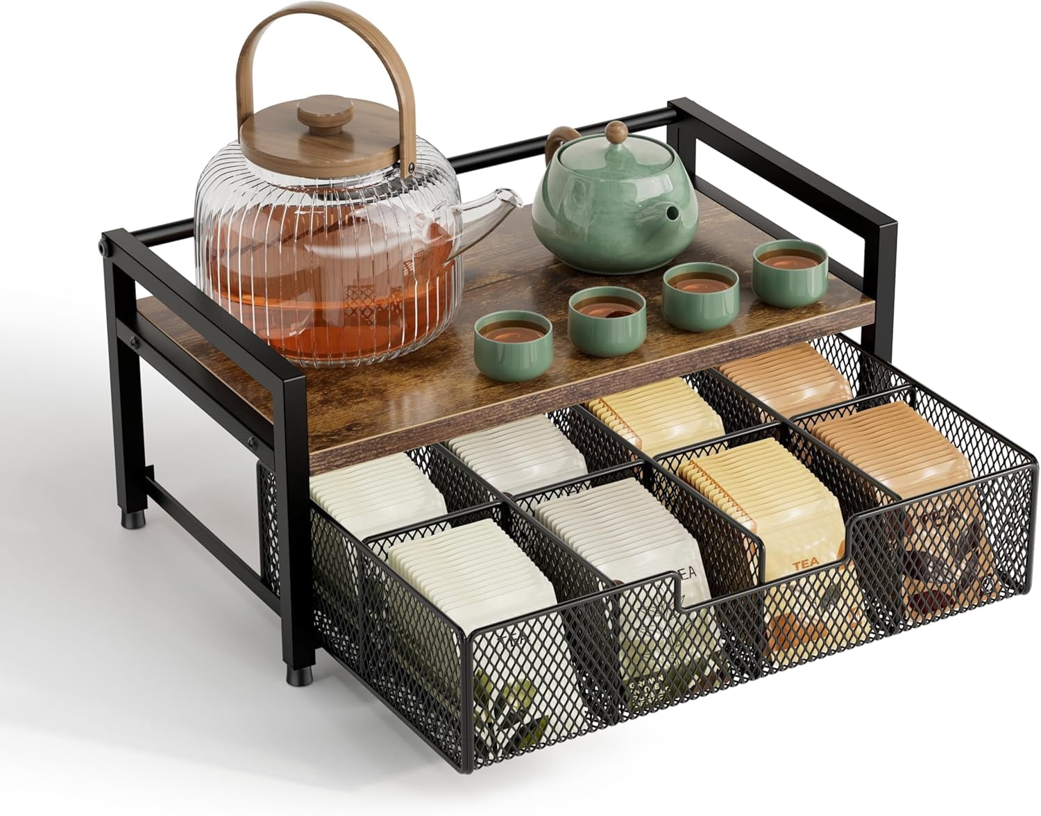 Tea Bag Organizer, Tea Bag Holder with Drawer, Wood and Metal Tea ...