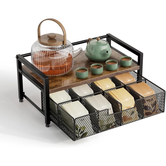 Tea Bag Organizer, Tea Bag Holder with Drawer, Wood and Metal Tea Organizers and Storage Chest for Countertop Kitchen, Office, Rustic Brown