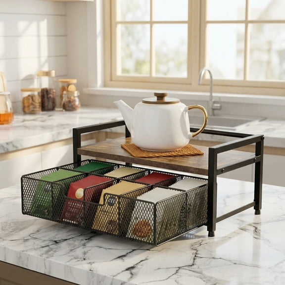 Tea Bag Organizer & Holder - Wood and Metal Tea Box with Drawer for Countertop, Kitchen, Office, Rustic Brown