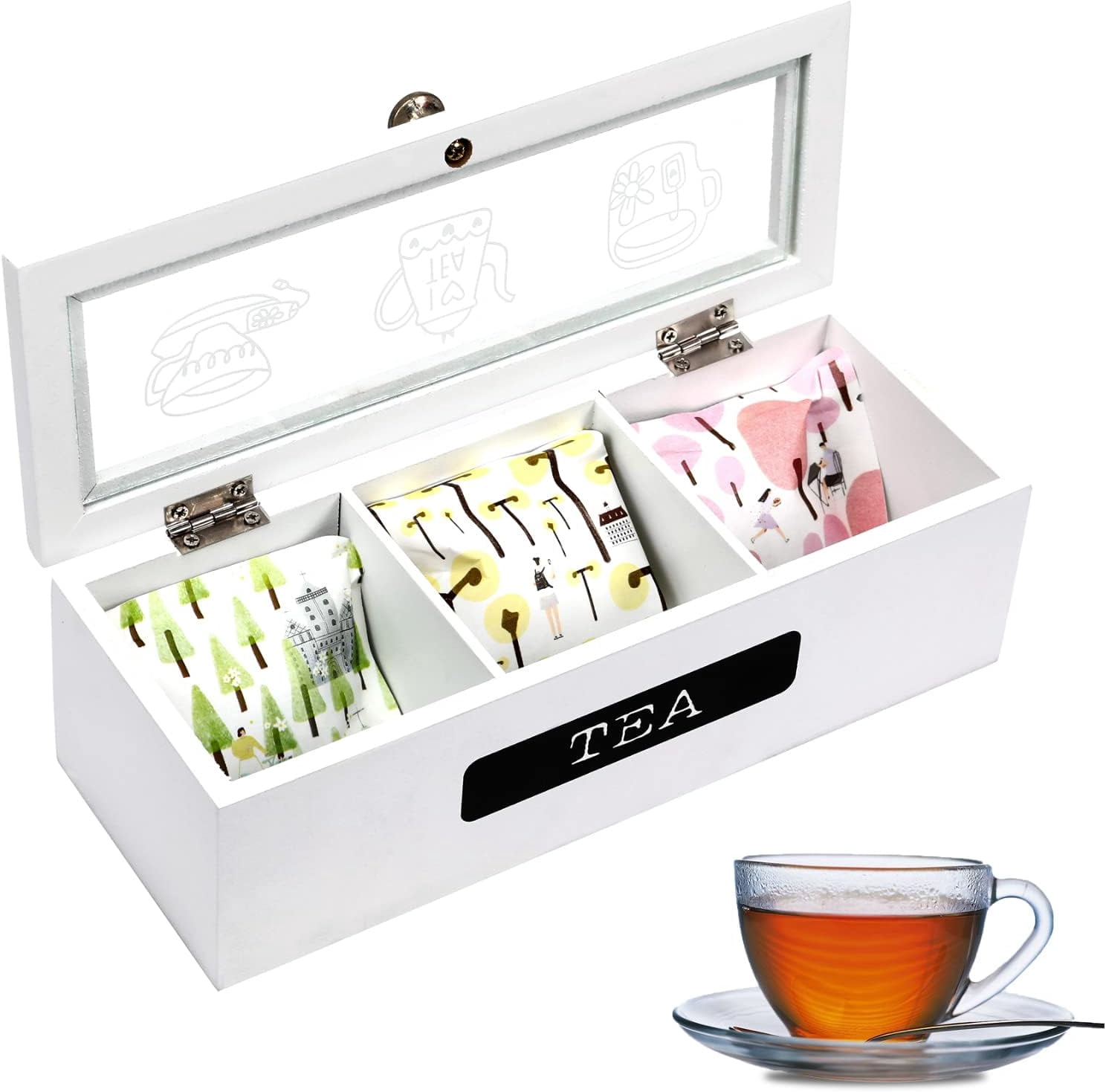 Small Tea Compartment Tea Bag Organizer,White Wood 3 Compartment Tea Bag Organizer,Tea Holder ...