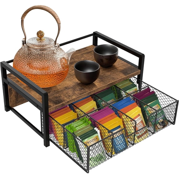 Tea Bag Organizer, Wood Organizers and Storage Chest, Teabag Holder with Drawer,Tea Station Chest Display Container Box for Countertop Kitchen, Rustic Brown