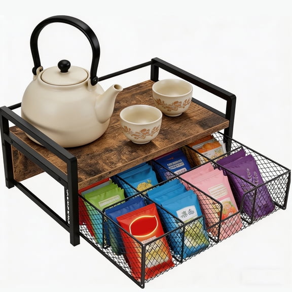 Tea Bag Organizer, Wood Tea Organizers and Storage Chest, Teabag Holder with Storage Drawer,Tea Station Chest Display Container Box for Countertop Kitchen, Rustic Brown