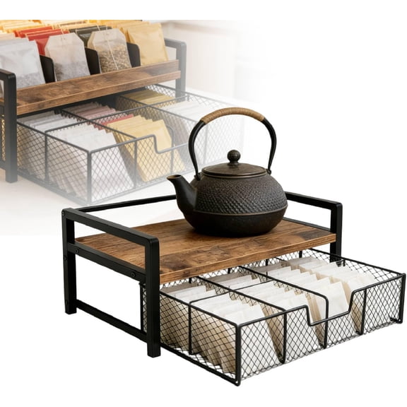 Tea Bag Organizer with Drawer, Wood and Metal Tea Storage Chest, Countertop Tea Holder for Kitchen or Office, 2-Tier Brown Display Box