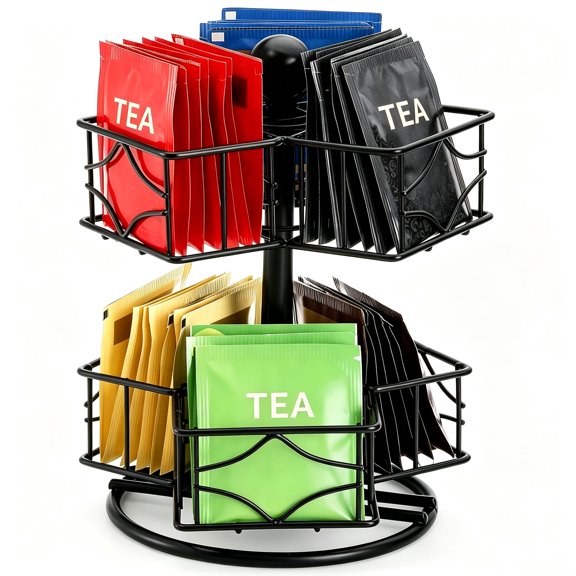 Tea Bag Spinning Carousel Organizer with 6 Compartments for Kitchen Storage