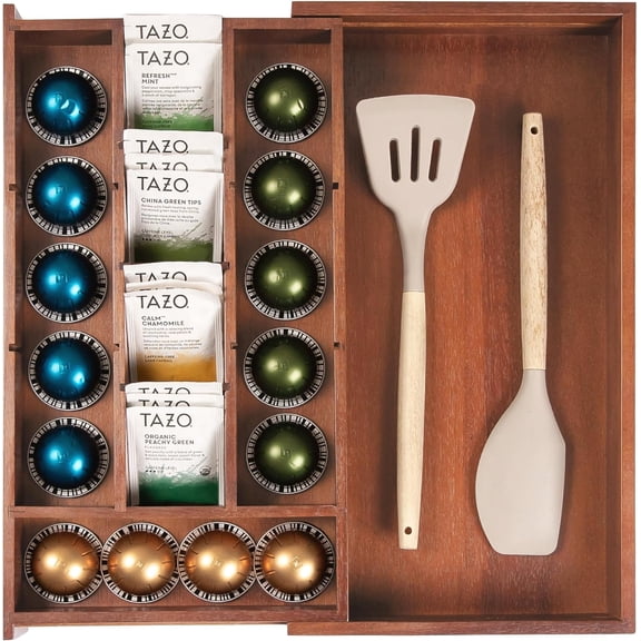 Tea Bag and Coffee Pod Drawer Organizer Expandable 9.7 to 17 Inches 10 Compartments Adjustable Inserts Non-Slip Feet Food-Safe Natural Acacia