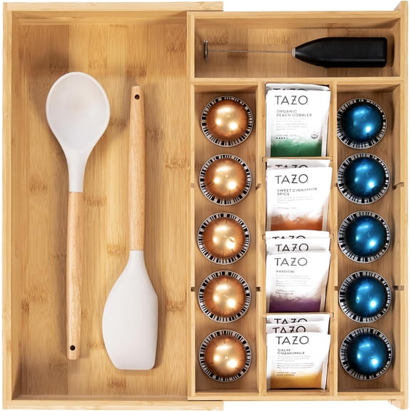 Tea Bag and Coffee Pod Drawer Organizer Expandable 9.7 to 17 Inches with 10 Adjustable Compartments Natural Bamboo