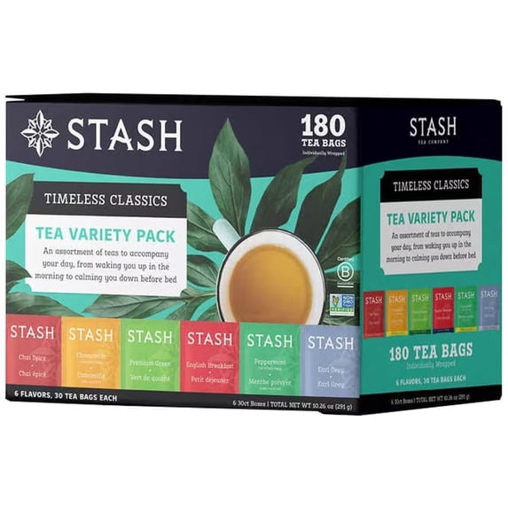 Tea Bags Sampler Assortment Gift Set, Variety of 6 Flavors, Perfect for Tea Lovers - Variety Box - English Breakfast, Premium Green, Earl Grey, Chamomile, Peppermin, Chai Spice Tea - 180 Count