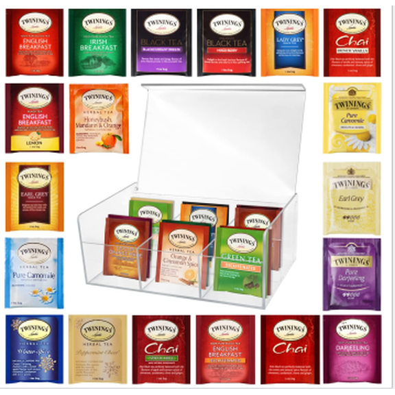 Tea Bags Sampler Assortment in Plastic Twinings Tea Bags Organizer (30 Count) 24 Flavors Gifts for Her and Him Mom Dad