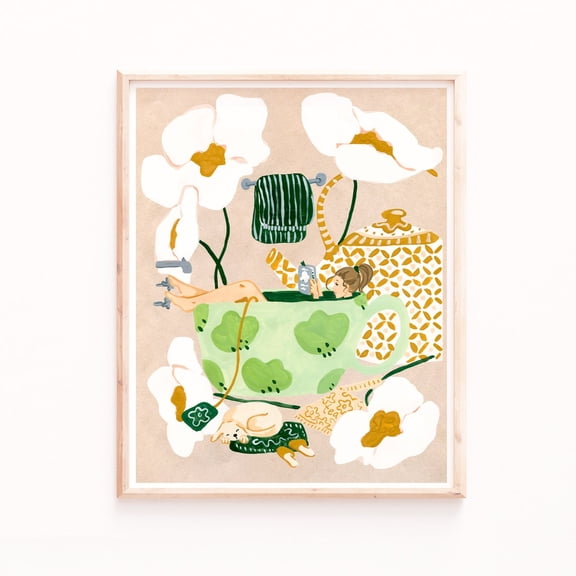 Tea Bath Wall Art Calm Woman and Dog Scene Multiple Sizes Available, Unframed Paper Print