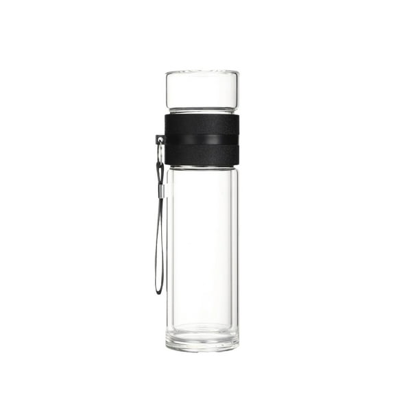Tea Bottle with Infuser Double Wall High Borosilicate Glass with Strainer & Infuser for Loose Tea Infusion Tea Bottle 15.4Oz/450Ml(Black)