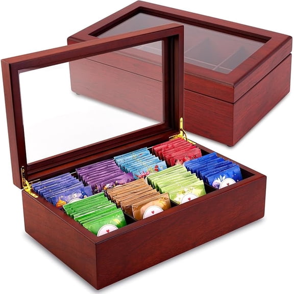 Tea Box - Luxury Wooden Tea Bag Organizer-Compartment Tea Storage Chest Container - Elegantly Handmade w/Scratch Resistant Window