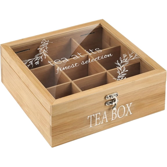 Tea Box Organizer,Decorative Tea Storage,BambooTeas Bag Holder Organizer,Modern Teas Organizers and Storage with 9 Compartments for Coffee,Tee & Sugar Pods,Packets & More