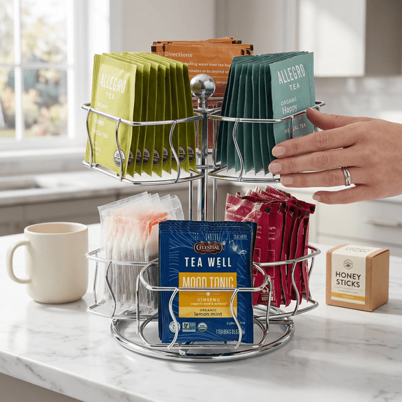 2 Tier Spinning Lazy Tea Bag Organizer for Countertop Pantry, Holds up to 60 Large Bags