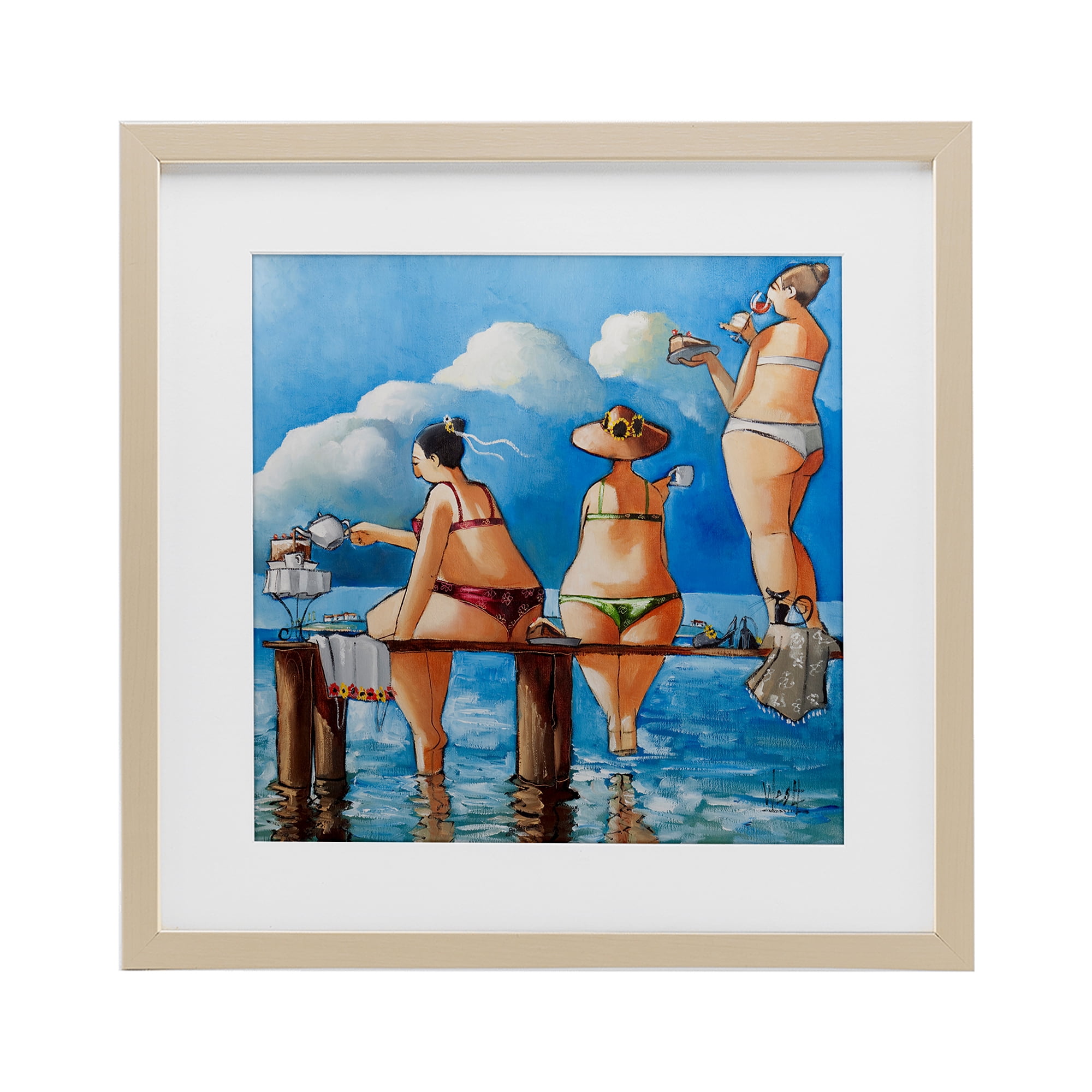 Tea Break On The Jetty Birch Framed Print Under Glass, design by Ronald West