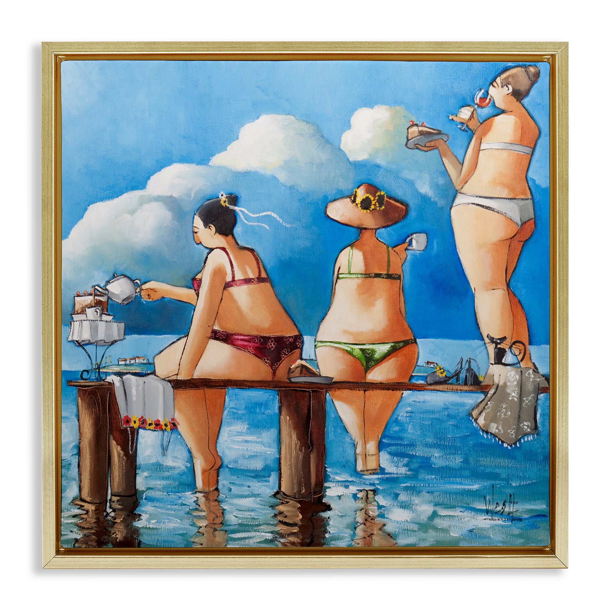 Tea Break On The Jetty Gold Framed Floater Canvas Wall Art, design by Ronald West