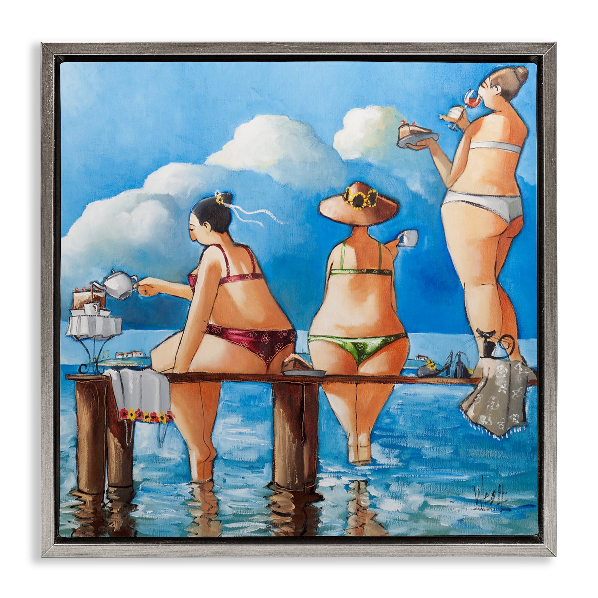 Tea Break On The Jetty Gray Framed Floater Canvas Wall Art, design by Ronald West