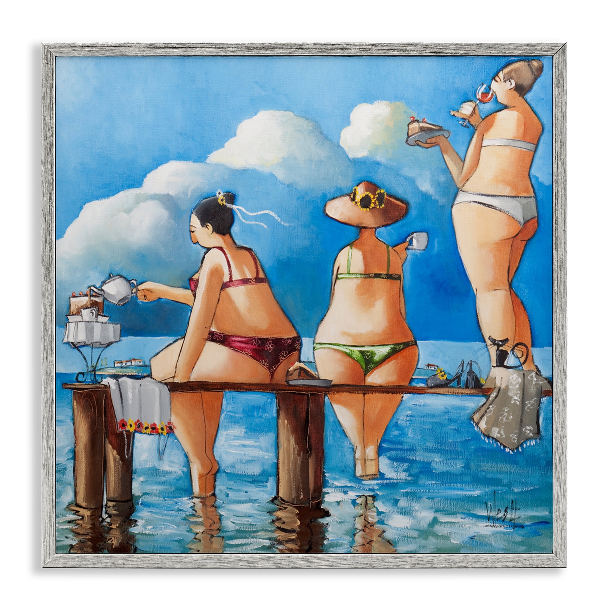 Tea Break On The Jetty Gray Framed Giclee Art, design by Ronald West