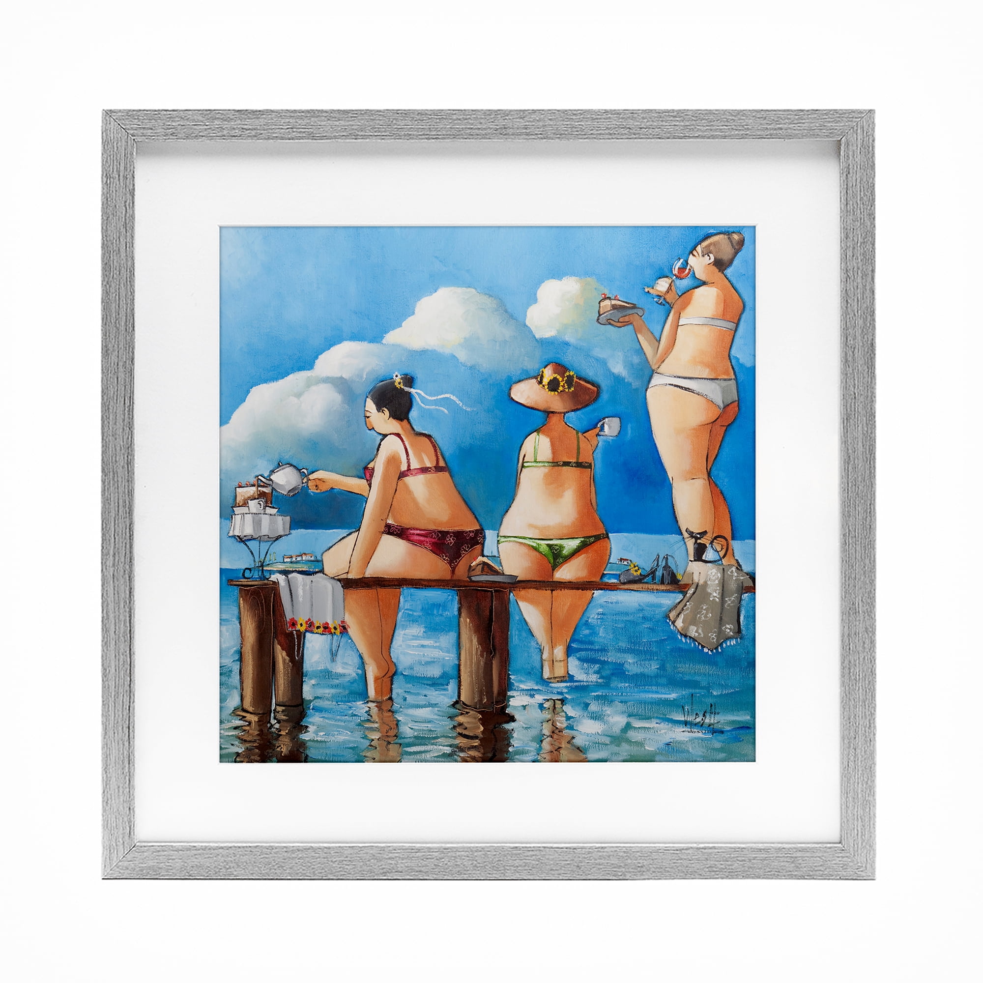 Tea Break On The Jetty Gray Framed Print Under Glass, design by Ronald West