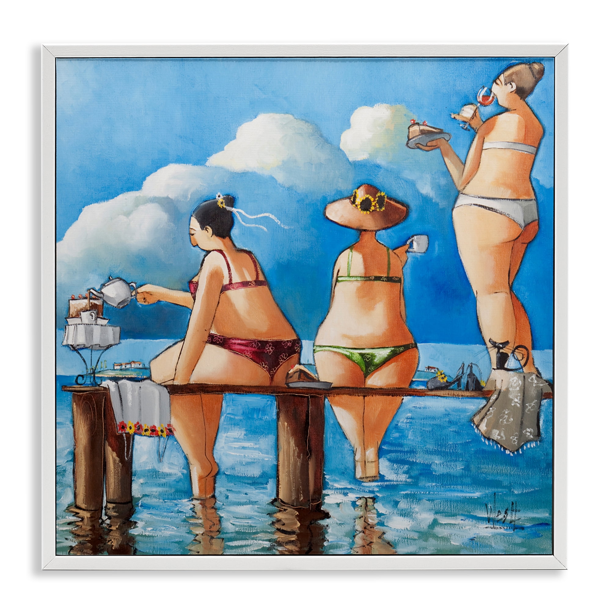 Tea Break On The Jetty White Framed Giclee Art, design by Ronald West