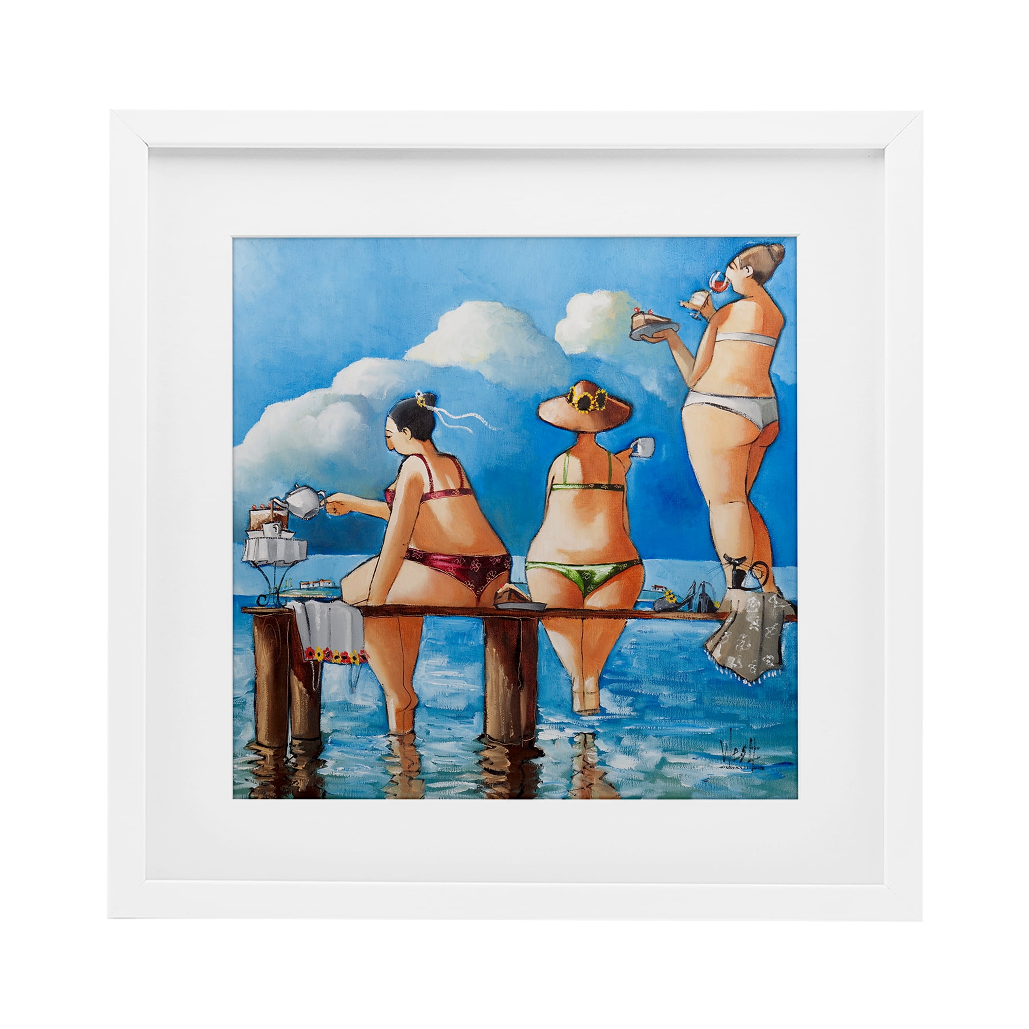 Tea Break On The Jetty White Framed Print Under Glass, design by Ronald West