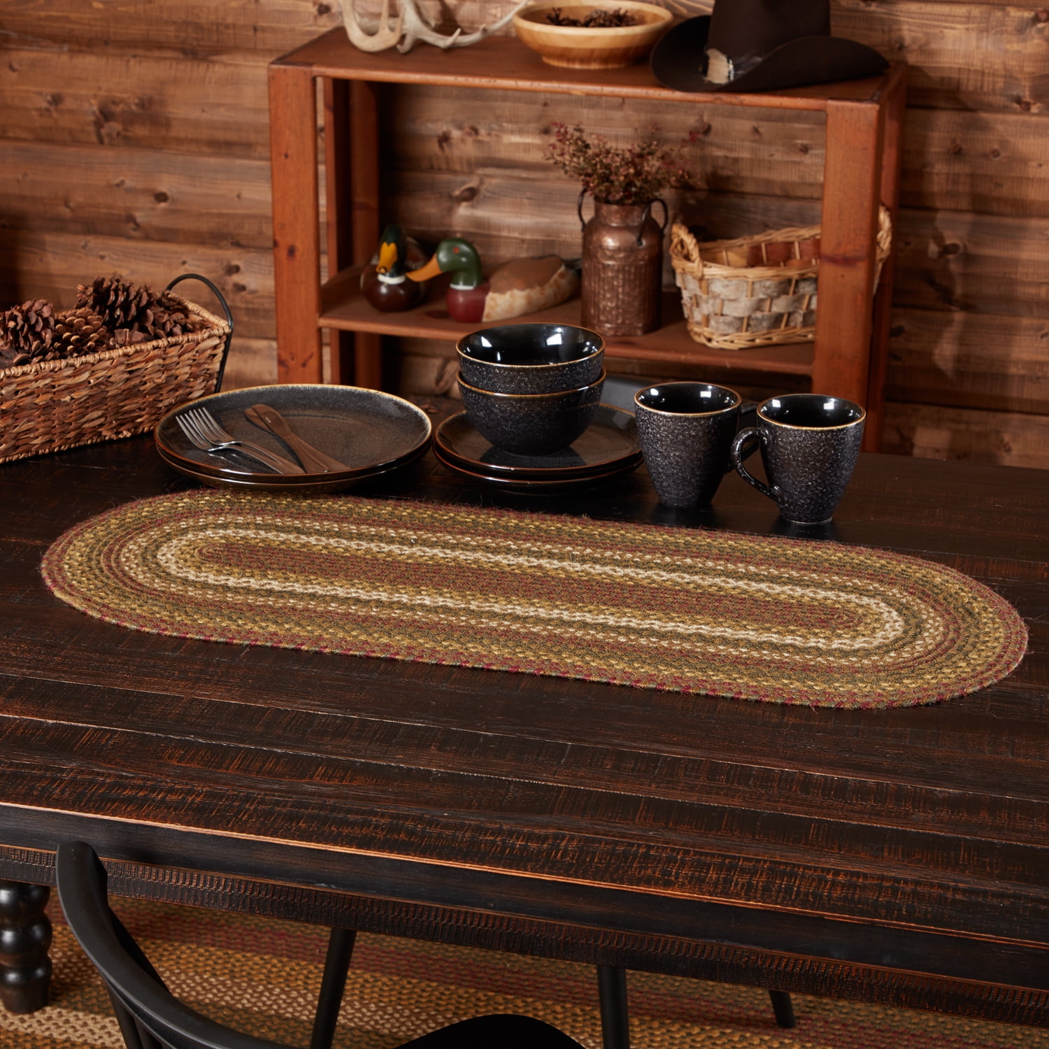 Rustic Moss Green and Crimson Red Jute Table Runner