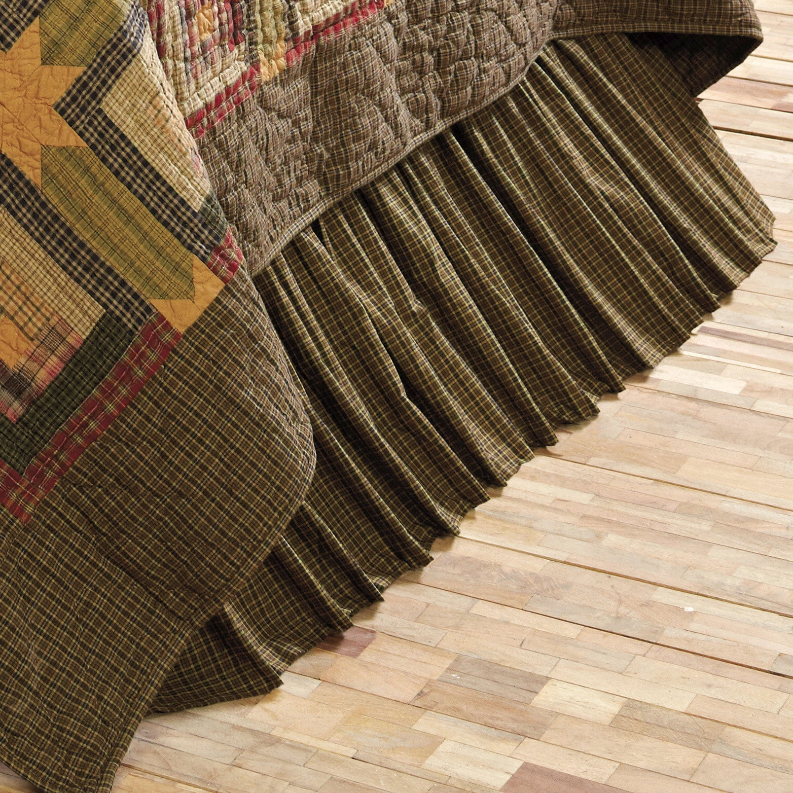 Rustic Moss Green Plaid Cotton Tea Cabin Bedding Split Corners Gathered Twin Bed Skirt