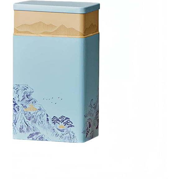 Tea Canister, Airtight Storage Tin for Loose Leaf Tea & Bags, 8-Inch Decorative Metal Container with Oriental Mountain Design, Blue