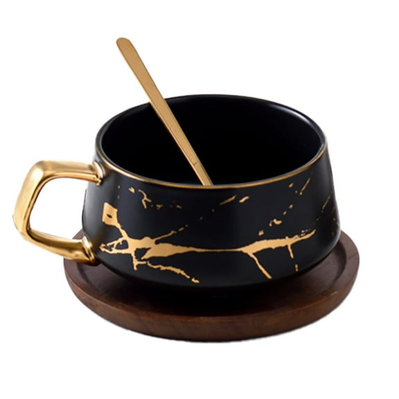Tea & Coffee Cups 12oz Ceramic Tea Cup With Wooden Saucer Stone Pattern Gold Inlay Elegant