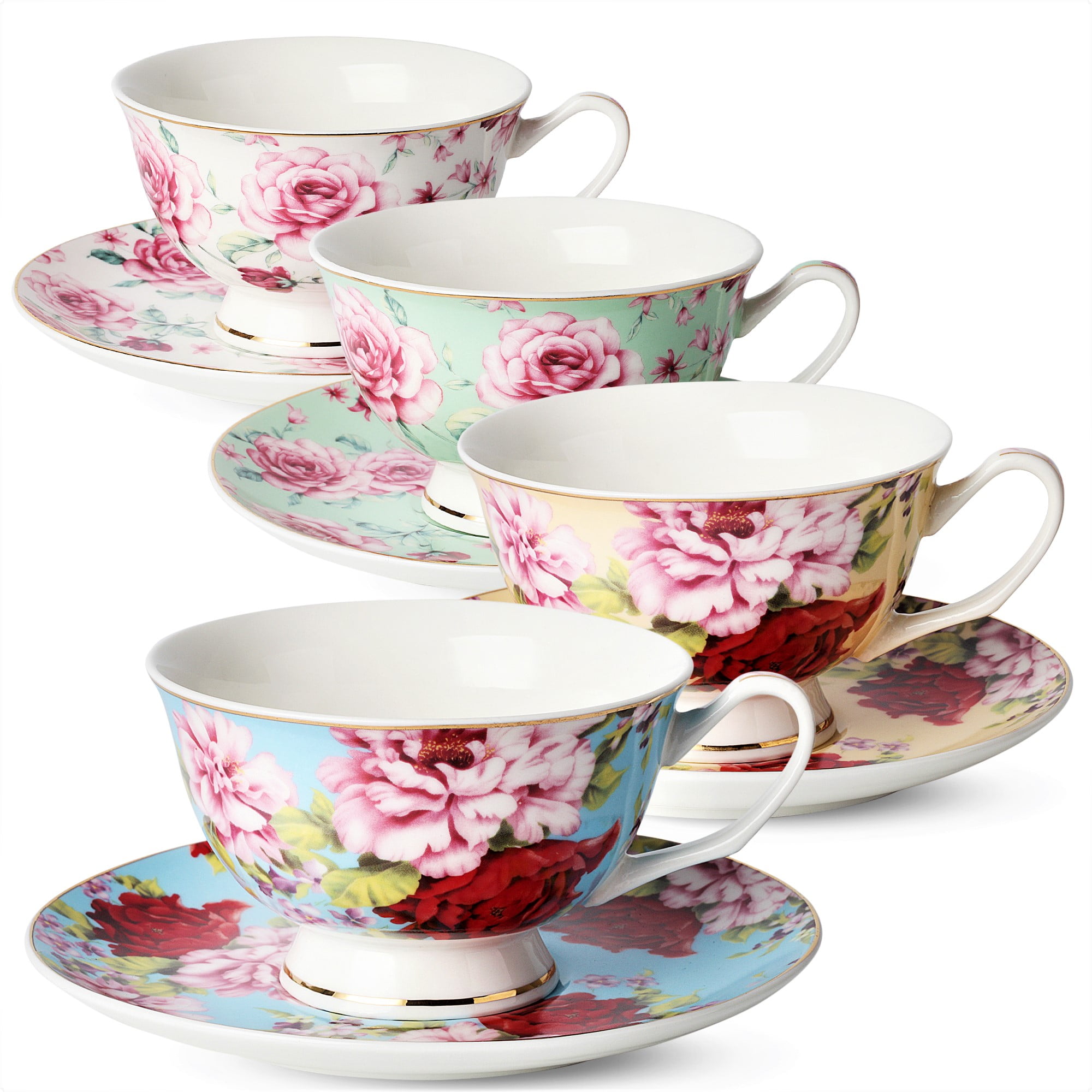 Tea / Coffee Cups and Saucers, Set of 4 (8 piece, 4 cups and 4 saucers