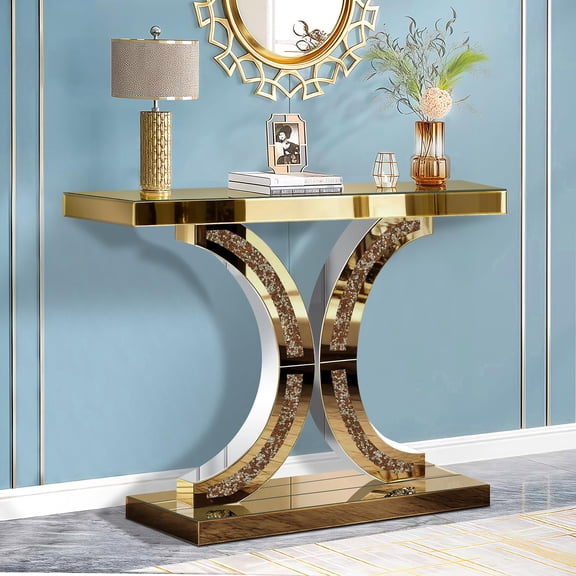 Tea-Colored Mirrored Console Table with Crushed Diamond Inlay, 39.4'' Long Glass Entryway Sofa Table, C-Shaped Base Modern Accent Narrow Table for Living Room, Hallway, Foyer, Entrance