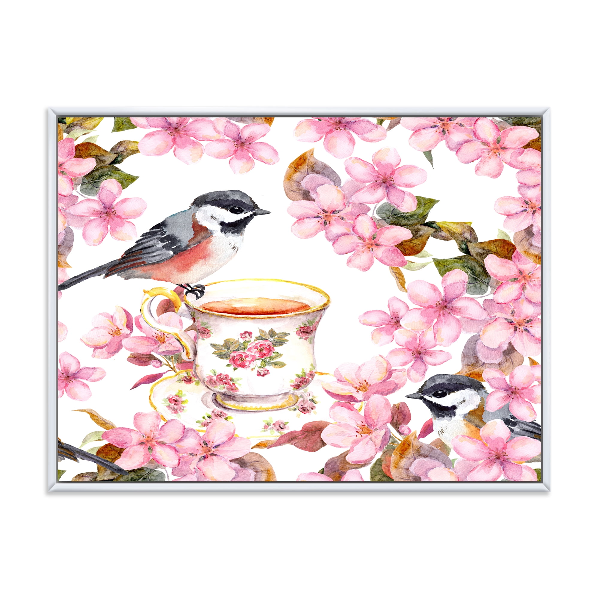 Tea Cup Birds and Pink Flowers 20 in x 12 in Framed Painting Canvas Art Print, by Designart