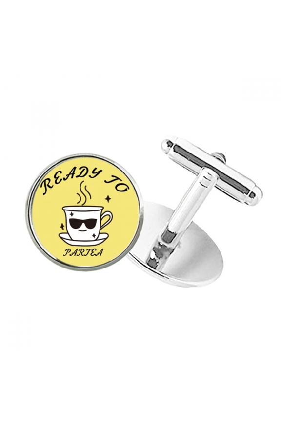 Tea Cup Drinking Sunglassess Party Round Button Cuff Clip Stud Cufflinks