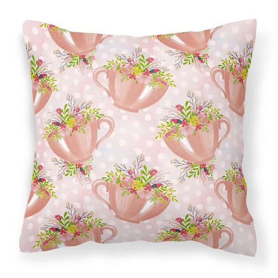 Tea Cup & Flowers Pink Fabric Decorative Pillow - 18 x 18 in.