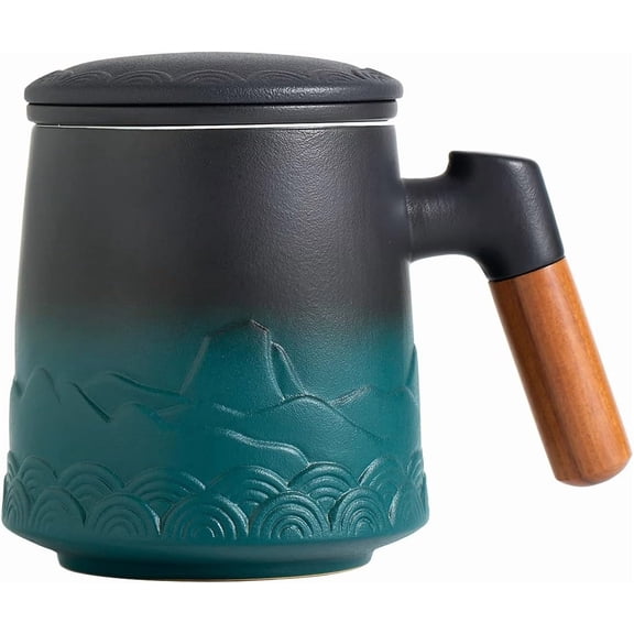 Tea Cup with Infuser and Lid, 12oz Green Tea Mug for Loose Leaf Tea Steeper, Wood Handle Tea Cup with Fine Tea Strainers Hot Diffusers, Ceramic Mugs Accessories for Tea Lovers Gifts
