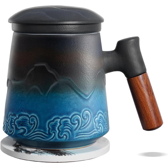 Tea Cup with Infuser and Lid for Loose Leaf Tea Steeper, 15.2 oz Ceramic Tea Mug with Fine Tea Strainers and Absorb Coaster, Wood Handle Large Diffusers Mugs Tea Lovers Gifts
